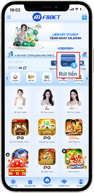 Bước 1: Tại TRANG CHỦ F8BET → Chọn RÚT TIỀN.