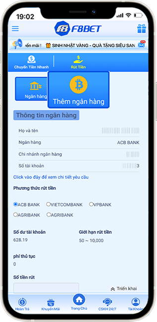 Bước 2: Tại mục RÚT TIỀN, chọn THÊM NGÂN HÀNG ( có ICON USDT ).
