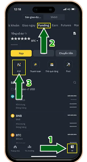 Bước 1: Tại TRANG CHỦ BINANCE → chọn FUNDING → chọn P2P