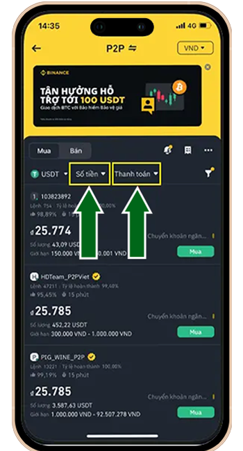 Bước 2: Tại mục MUA → Sắp lọc theo số tiền muốn giao dịch và hình thức thanh toán.