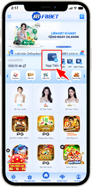 Bước 1: Tại trang chủ F8BET, chọn NẠP TIỀN.
