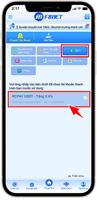 Bước 2: Tại mục NẠP TIỀN, chọn USDT, chọn RCPAY USDT.