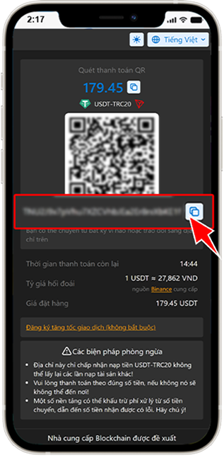 Bước 4: Sao chép ĐỊA CHỈ VÍ sau đó đăng nhập vào ứng dụng BINANCE.