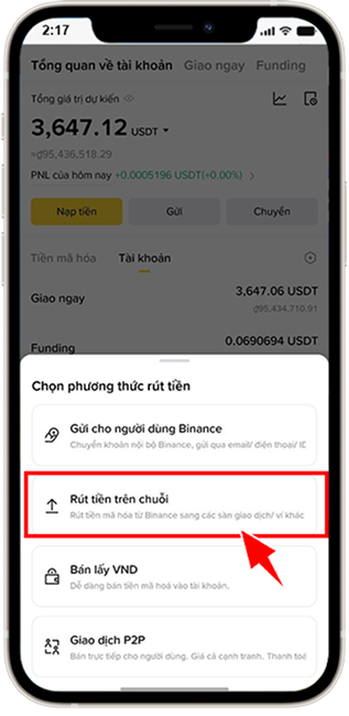 Bước 6: Chọn RÚT TIỀN TRÊN CHUỖI.