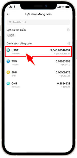 Bước 7: Chọn USDT.