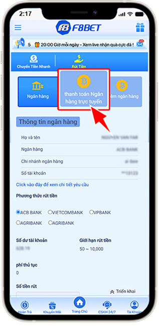 Bước 2: Tại mục RÚT TIỀN, chọn THANH TOÁN NGÂN HÀNG TRỰC TUYẾN.