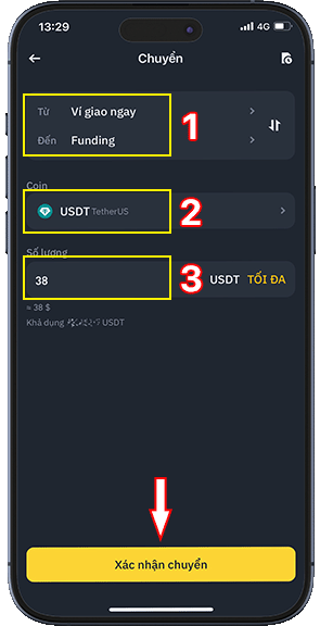 Bước 2: BƯỚC 2: CHỌN TỪ VÍ GIAO NGAY ĐẾN FUNDING, MỤC COIN CHỌN USDT, SAU ĐÓ NHẬP SỐ LƯỢNG USDT CẦN RÚT VỀ TÀI KHOẢN NGÂN HÀNG.