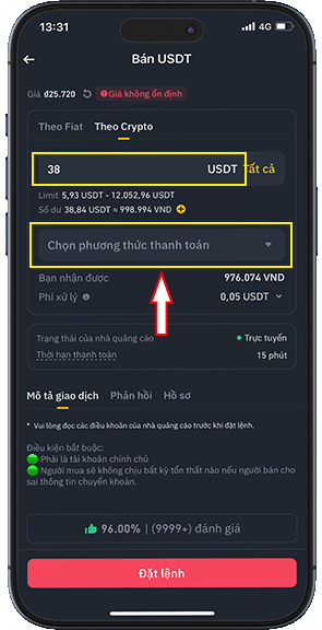Bước 5: BƯỚC 5: ĐIỀN SỐ TIỀN USDT MUỐN BÁN => TẠI MỤC CHỌN PHƯƠNG THỨC THANH TOÁN, CHỌN CHUYỂN KHOẢN NGÂN HÀNG => CHỌN NGÂN HÀNG CỦA BẠN ĐÃ LIÊN KẾT TRƯỚC ĐÓ ĐỂ NHẬN TIỀN.