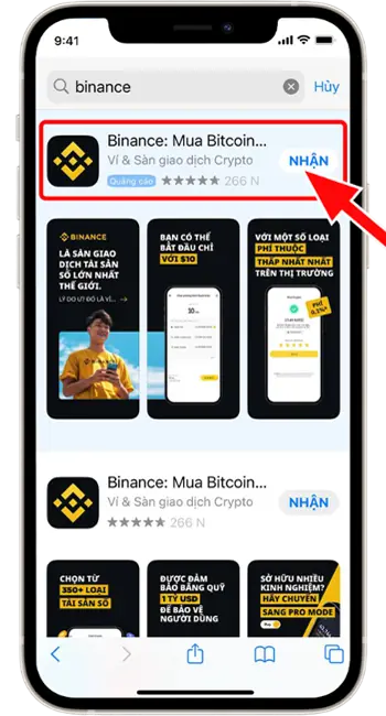 Bước 2: Nhập vào ô tìm kiếm từ khóa Binance. Sau đó bấm nhận để tải ứng dụng.
