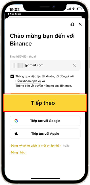Bước 2: Nhập GMAIL hoặc SĐT để nhận mã sau đó chọn TIẾP TỤC.